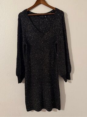 Nina Leonard Black Metallic V-Neck Wide Sleeve Sweater Dress XL
